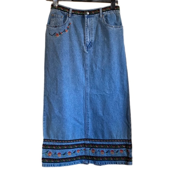 BILL BLASS VTG Denim Pencil Skirt Embroidered Embellished Rhinestones Sz S - Picture 2 of 10